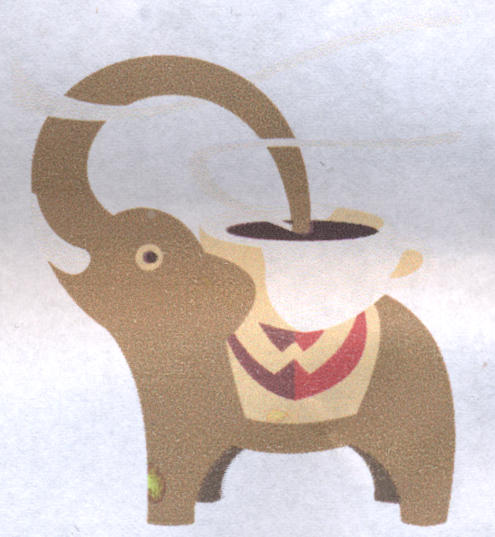 Wakelin's Premium Coffee: elephant drinking hot coffee on its back using its trunk