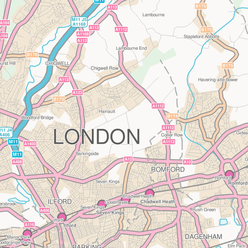 Romford, London 1:55,000 Meridian 2 QGIS